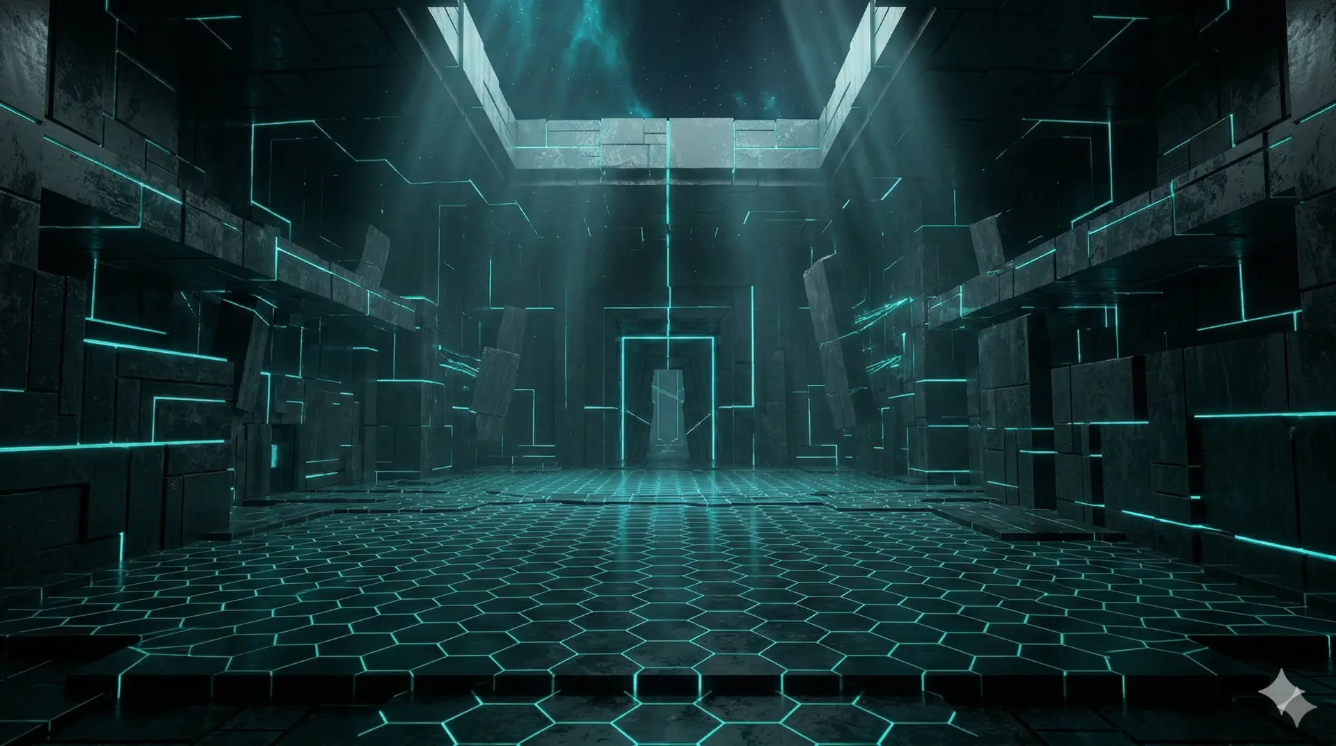 Sci-fi room with geometric floor, glowing lines, and open ceiling.